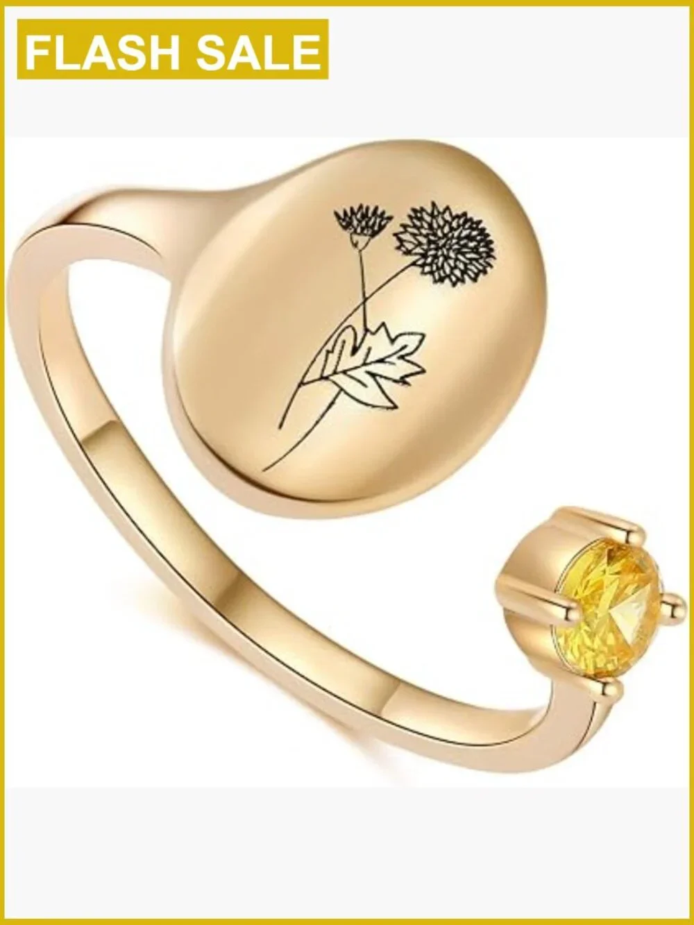Handmade Birth Flower Signet Ring 14K Gold Plated Adjustable